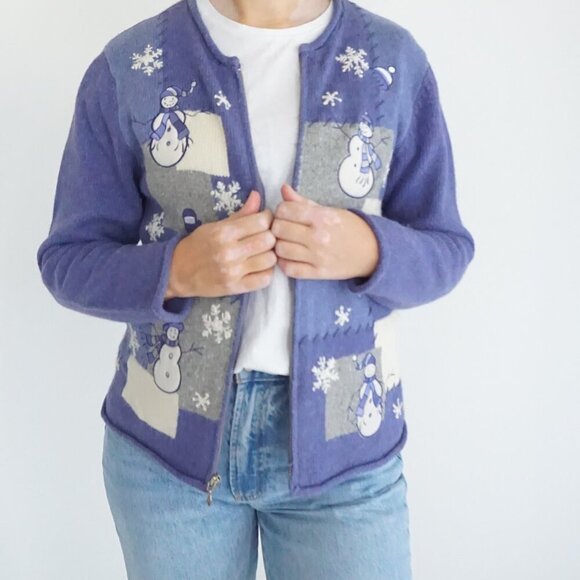 Vintage Croft Barrow Petite Purple Grey Embroidered Snowman Christmas Cardi S - Picture 2 of 11